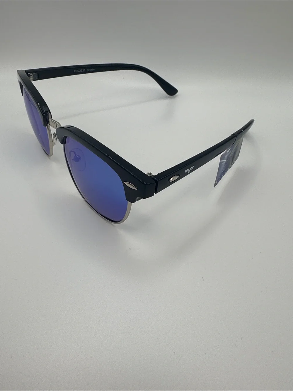 Black Frame Sunglasses with Blue Mirrored Lenses